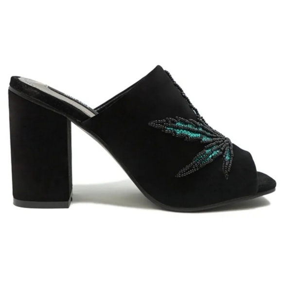 IRON FIST ✦ Mary Jane Block Heel Mules ✦ Green Black Vegan Velvet Weed Leaf - Picture 3 of 10